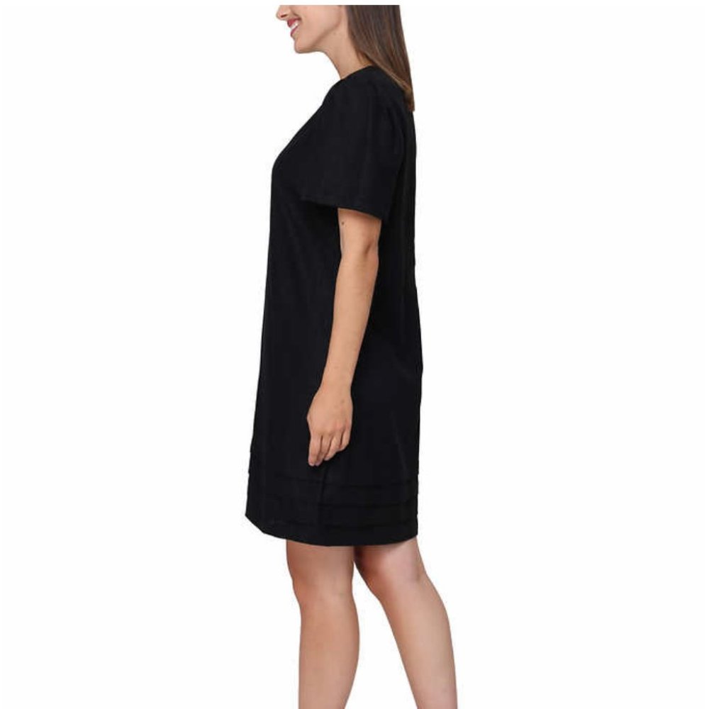 NWT Nicole Miller Original Ladies' Black Pleated Hem Linen Blend Tee Shirt Dress - Picture 2 of 11